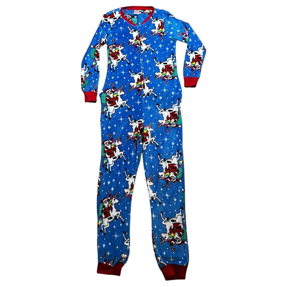 Santa Unicorn Christmas Pajamas One Piece Drop seat Don't Stop Believing size M - Picture 3 of 9